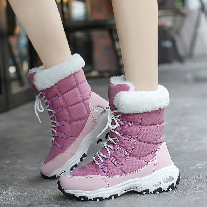 Nuevas mujeres de invierno de alta calidad con encaje de nieve tibia y cómoda tobillo al aire libre botas de senderismo impermea