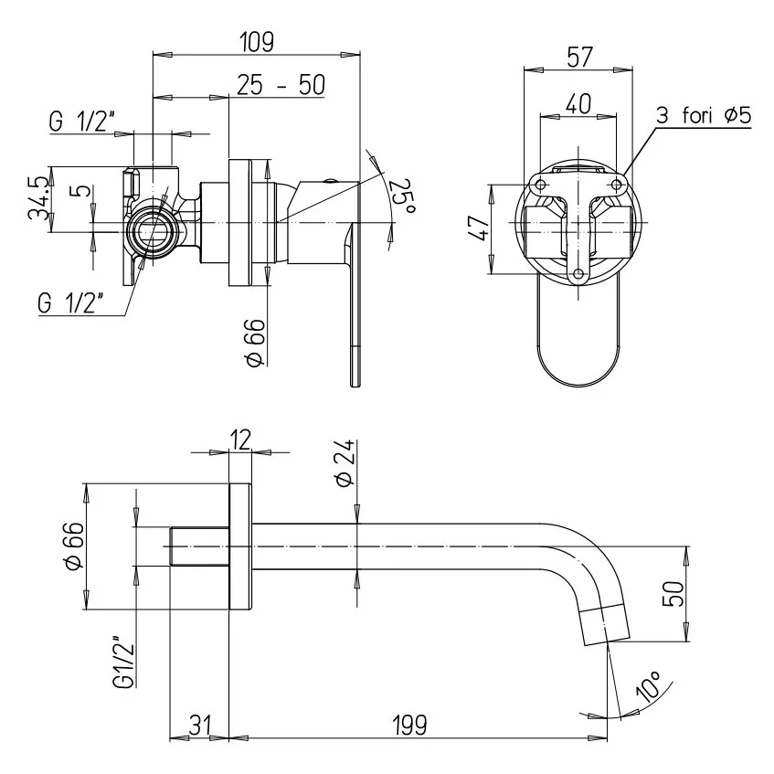 PAINI DOMUS MEZCLADOR MONOMANDO EMPOTRABLE PARA LAVABO CON CAÑÓN DE 199 CM