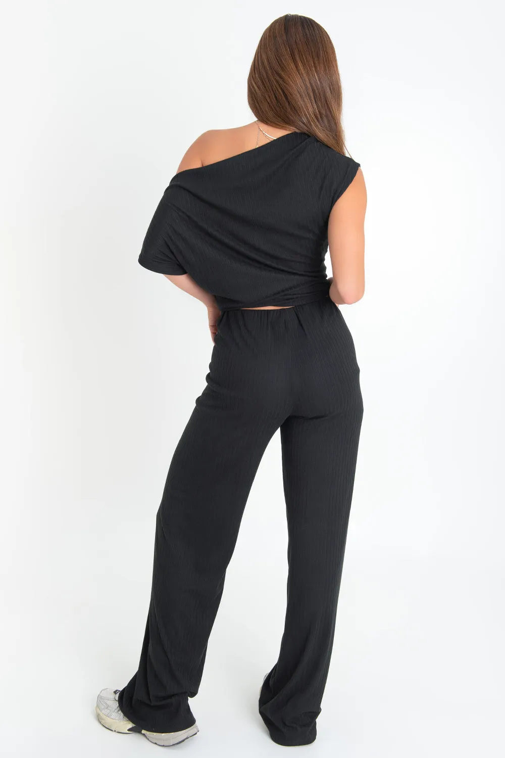 Pantalón canalé de fit wide leg cintura elástica