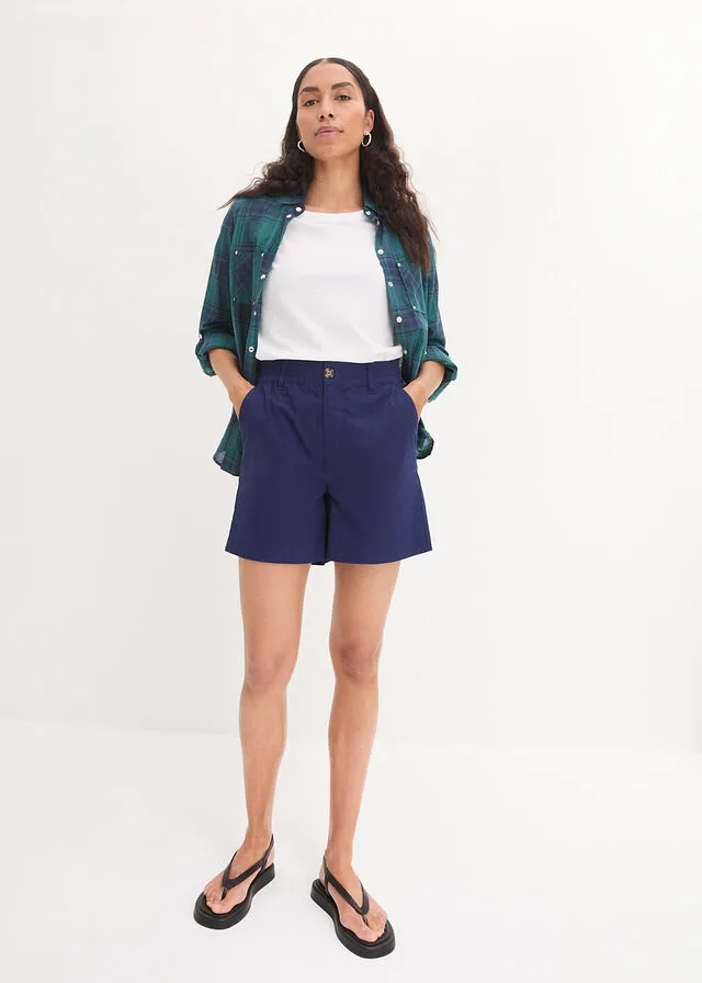 Pantalón corto de tiro alto de sarga Azul oxford