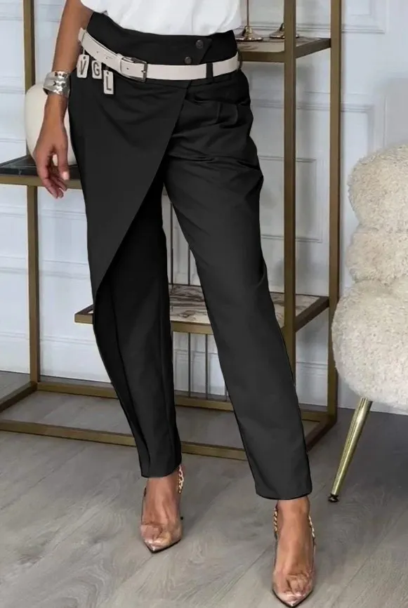 Pantalón elegante con volante, negro