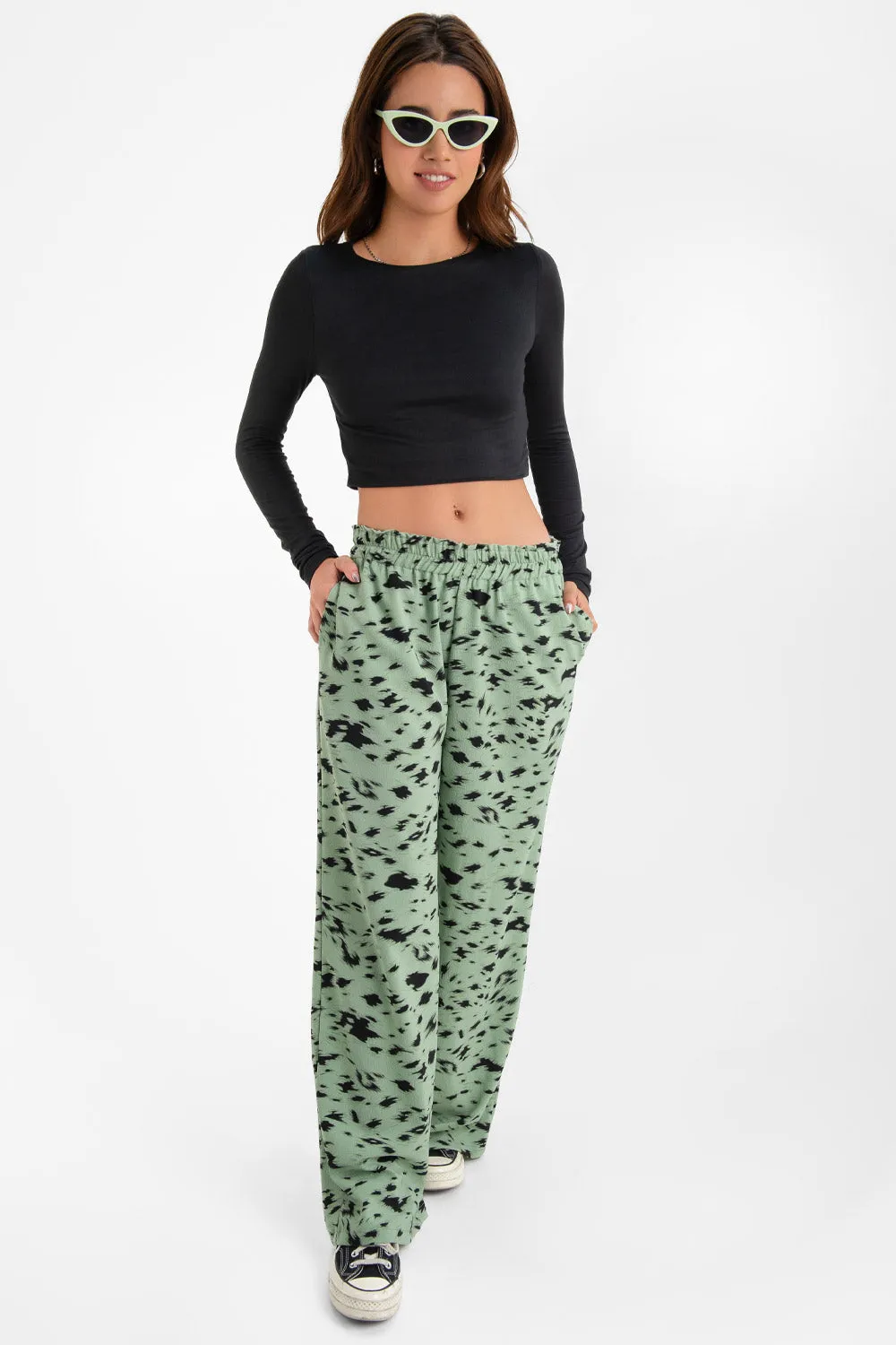 Pantalón estampado fluido cintura elástica