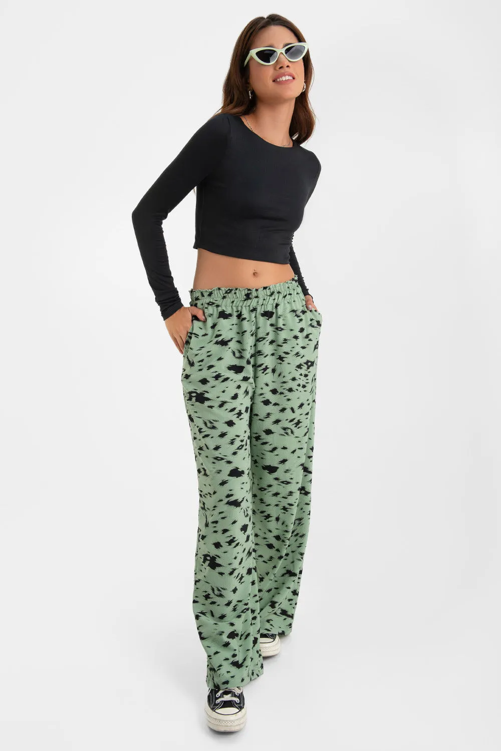 Pantalón estampado fluido cintura elástica