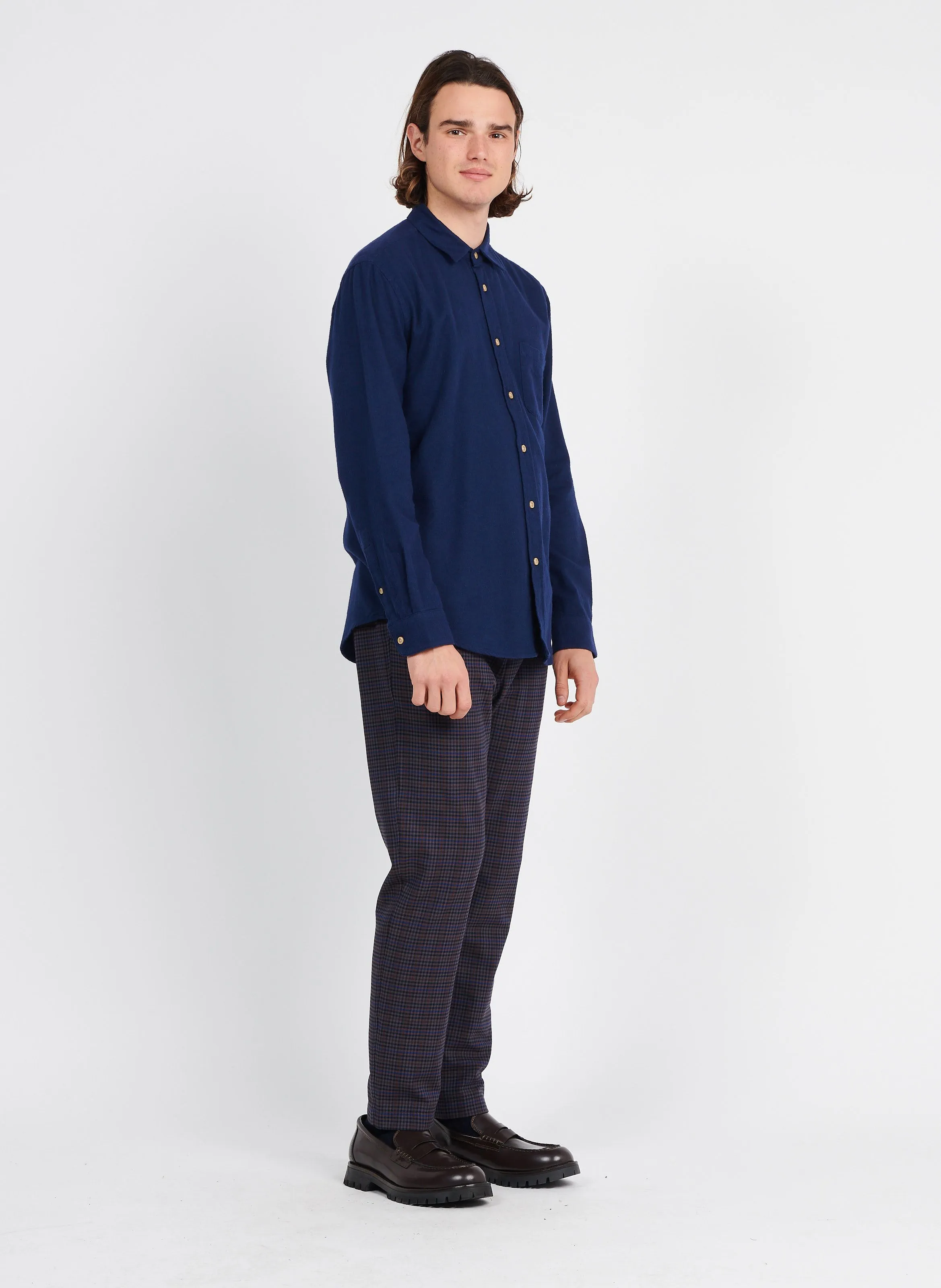 Pantalón recto de mezcla de algodón a cuadros en azul