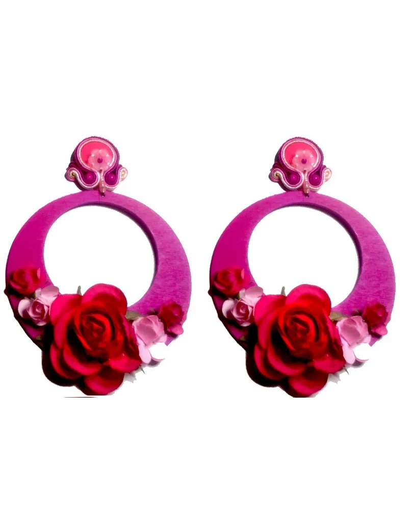 PENDIENTES FLAMENCA, AROS FUCSIA CON FLORES