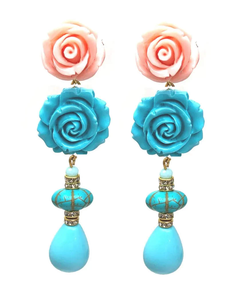 PENDIENTES MUJER CORAL Y TURQUESA  PENDIENTES FLAMENCA PASARELA