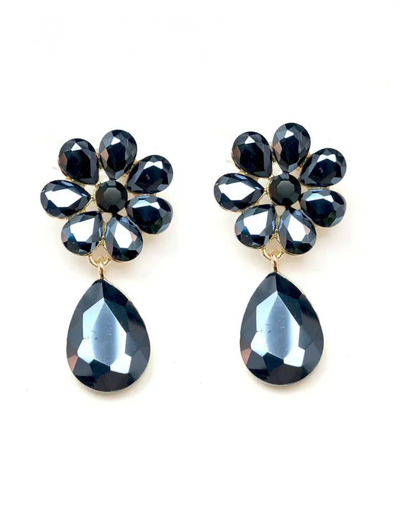 PENDIENTES NEGROS DE CRISTAL FLOR Y LAGRIMA MUJER