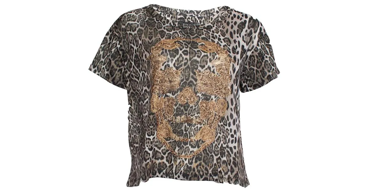 Philipp Plein, Camiseta con estampado de leopardo Castaño Multicolor 