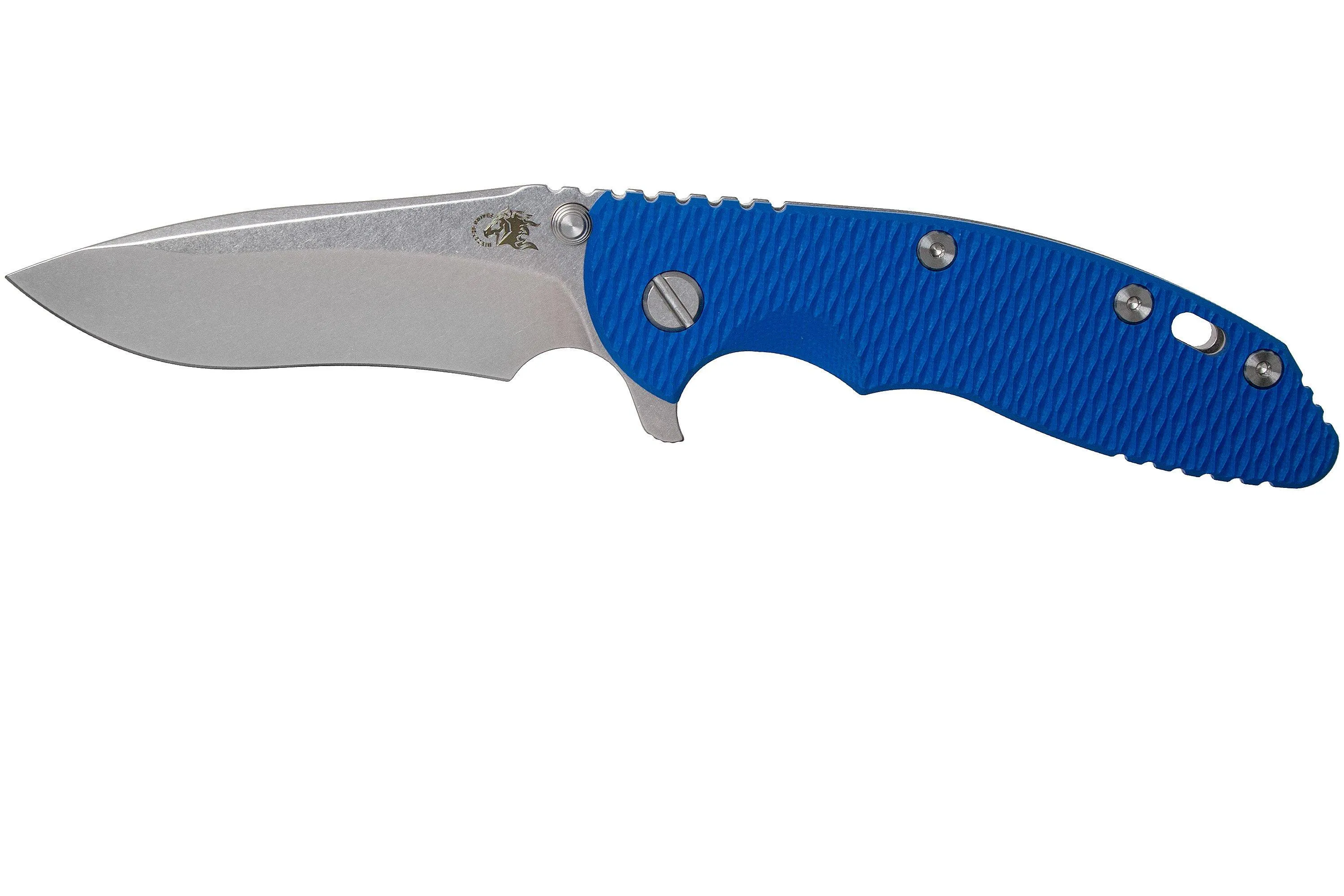 Rick Hinderer XM18 3.5” Recurve, CPM 20CV, Stonewash, Blue G10, navaja