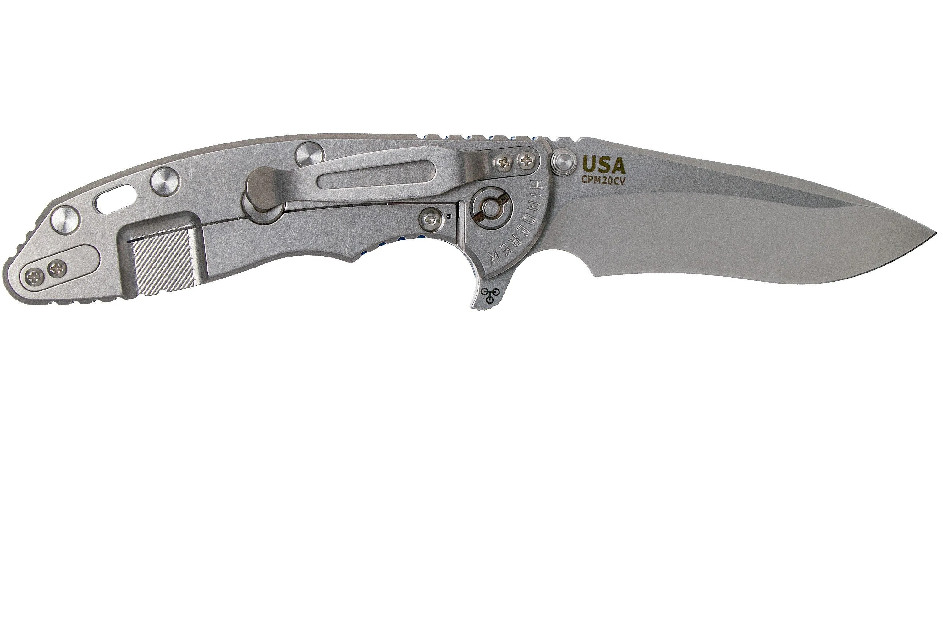 Rick Hinderer XM18 3.5” Recurve, CPM 20CV, Stonewash, Blue G10, navaja