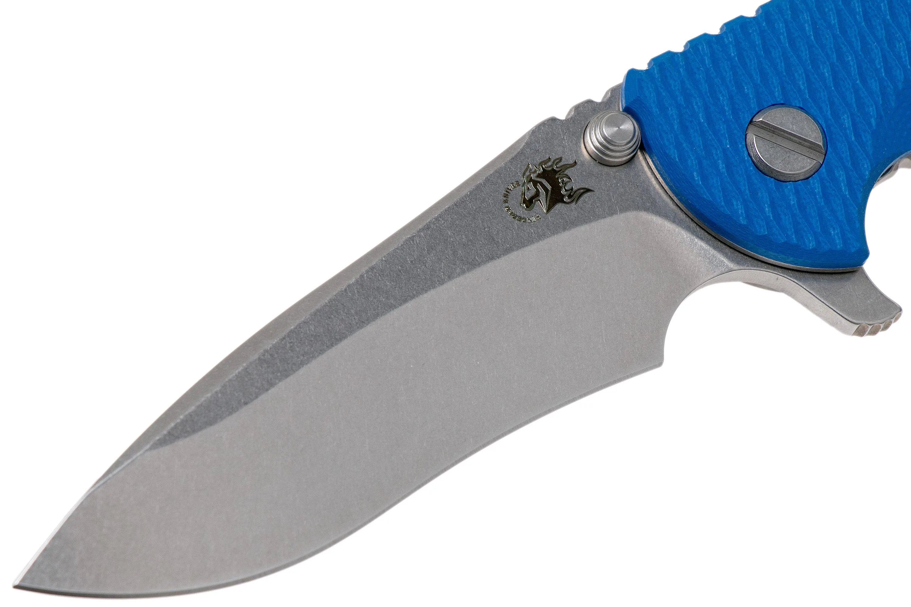 Rick Hinderer XM18 3.5” Recurve, CPM 20CV, Stonewash, Blue G10, navaja