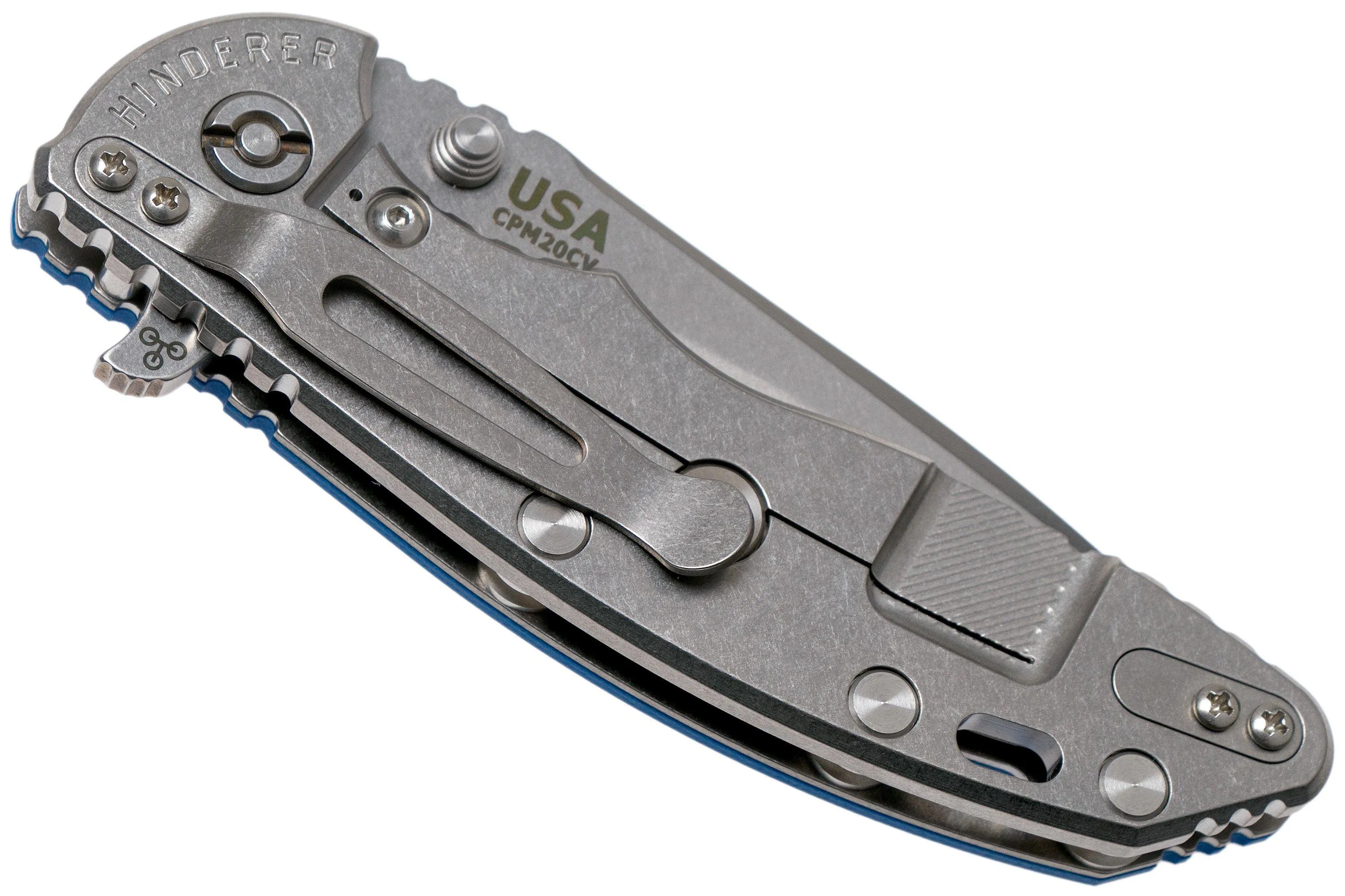 Rick Hinderer XM18 3.5” Recurve, CPM 20CV, Stonewash, Blue G10, navaja