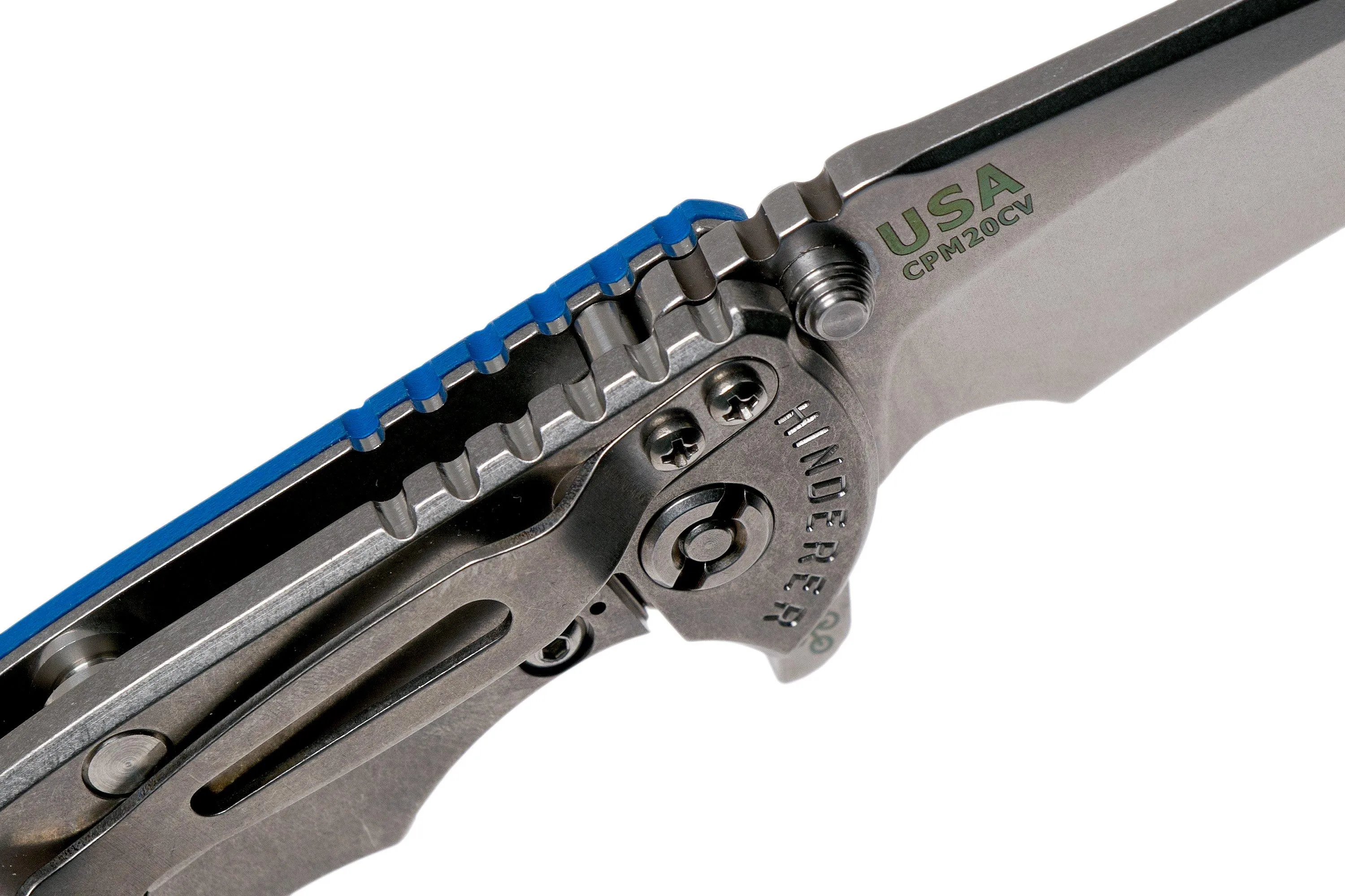 Rick Hinderer XM18 3.5” Recurve, CPM 20CV, Stonewash, Blue G10, navaja