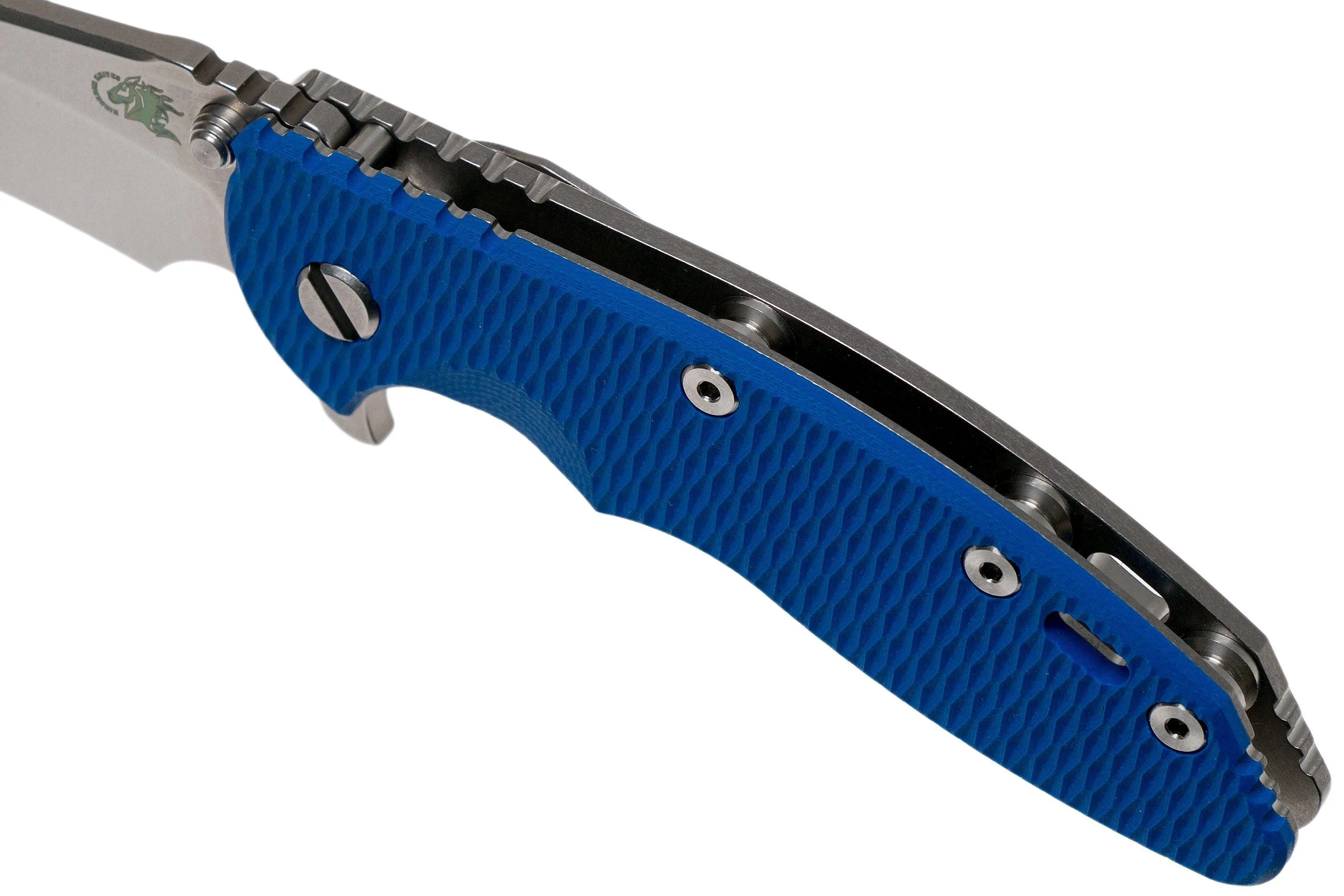 Rick Hinderer XM18 3.5” Recurve, CPM 20CV, Stonewash, Blue G10, navaja