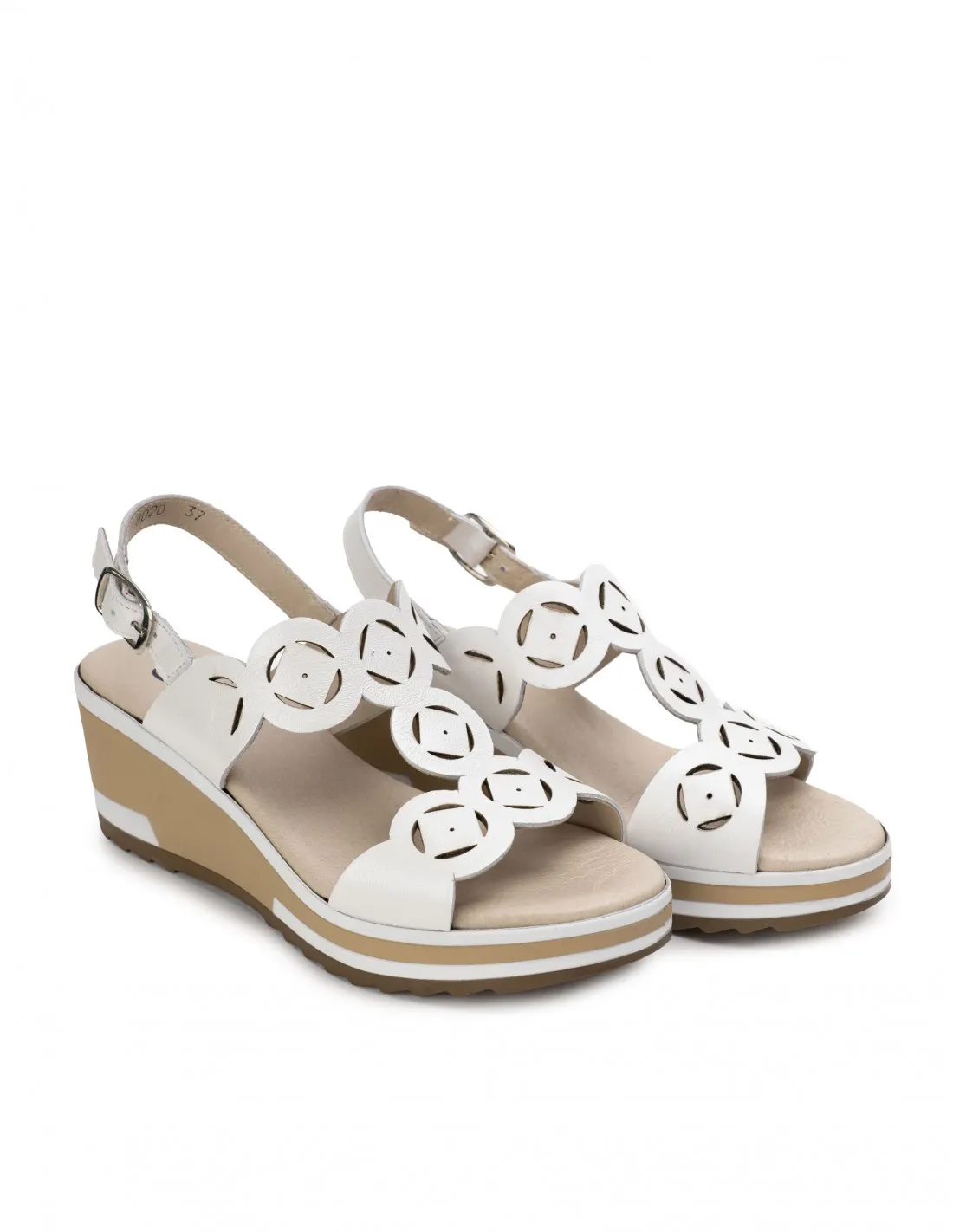 Sandalias Cuña Blancas Piel Troquelada