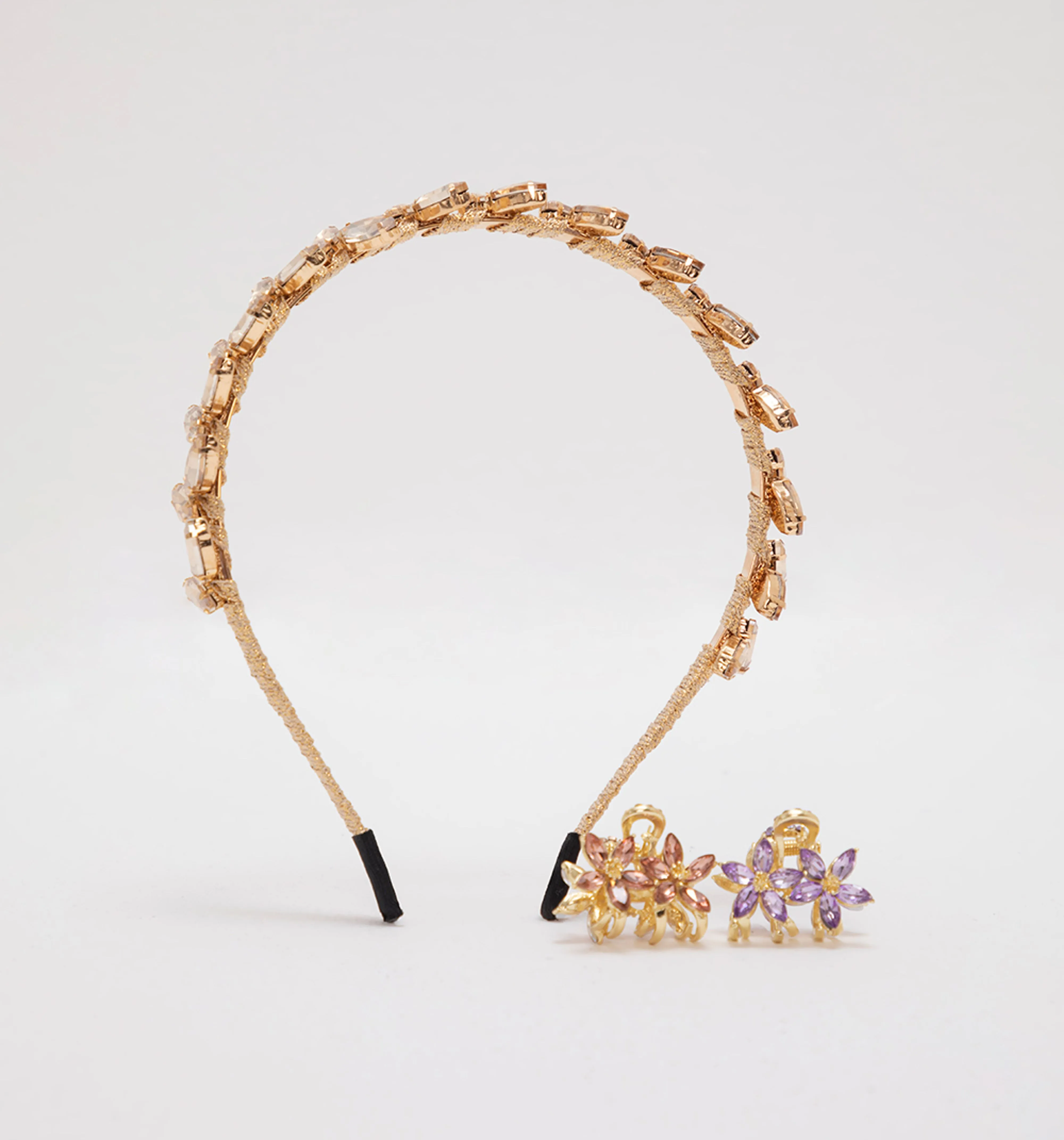 Set diadema y ganchos con cristales unic dorado