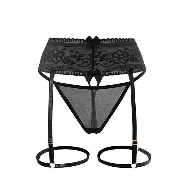Sexy Sheer Mesh Bowknot Lace Thong Panty Leg Rings Garter Belt 2 Piece Set Seamless Brief Underwear Erotic Lingerie