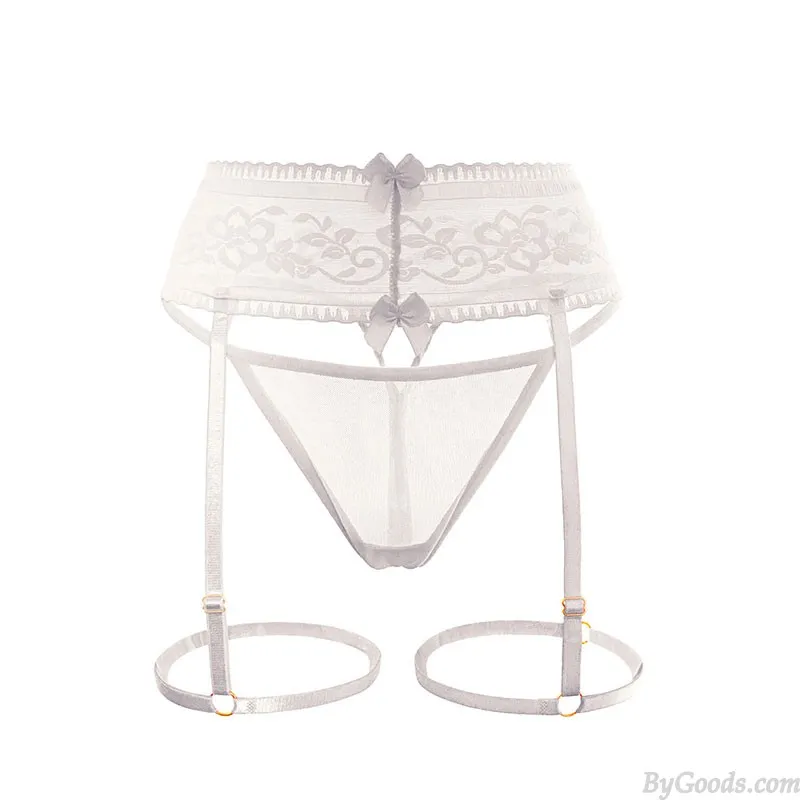 Sexy Sheer Mesh Bowknot Lace Thong Panty Leg Rings Garter Belt 2 Piece Set Seamless Brief Underwear Erotic Lingerie