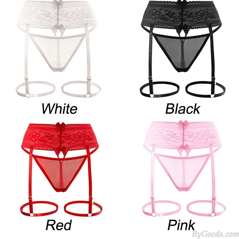 Sexy Sheer Mesh Bowknot Lace Thong Panty Leg Rings Garter Belt 2 Piece Set Seamless Brief Underwear Erotic Lingerie