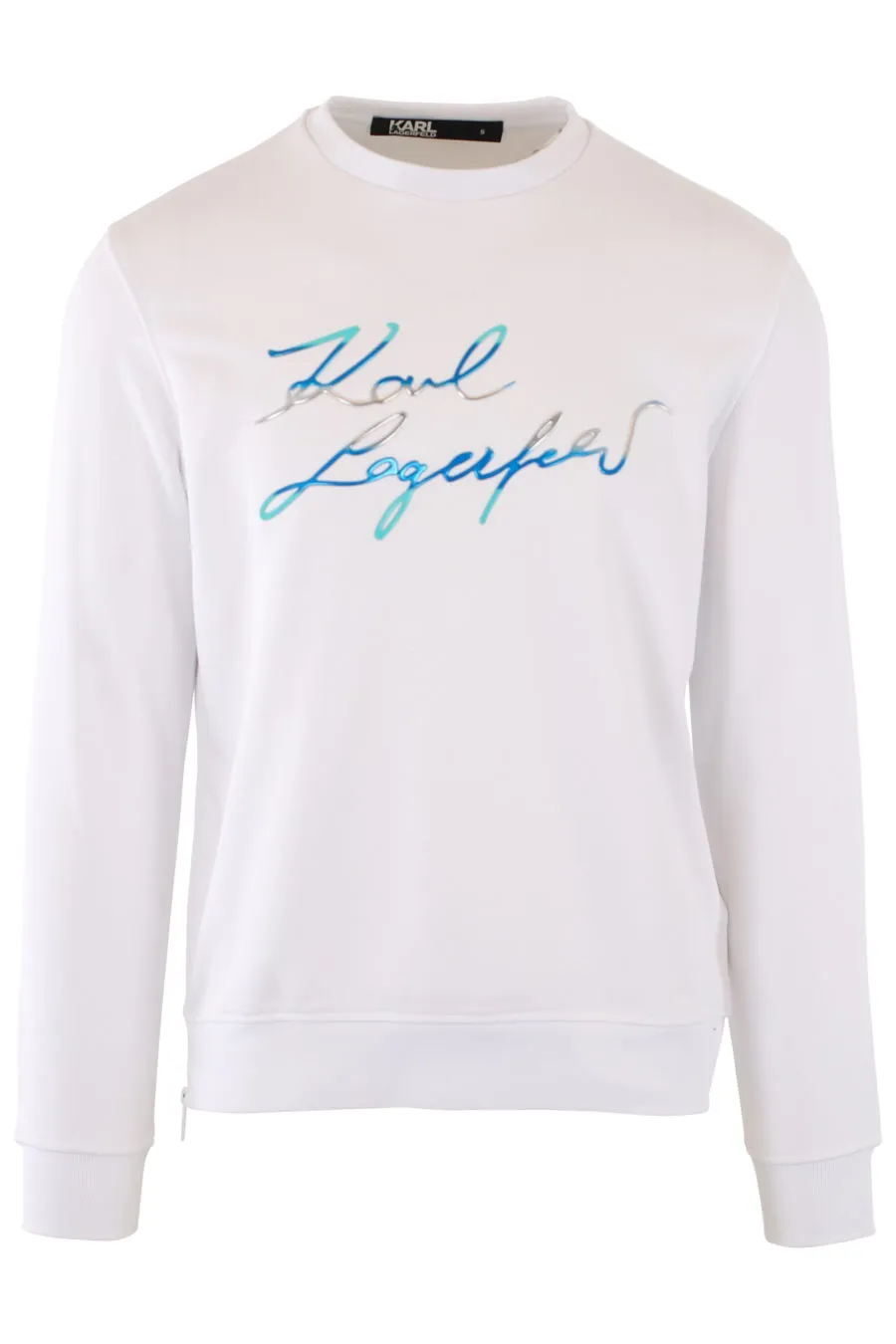 Sudadera blanca con logo azul multicolor