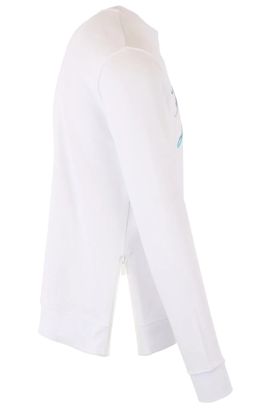 Sudadera blanca con logo azul multicolor