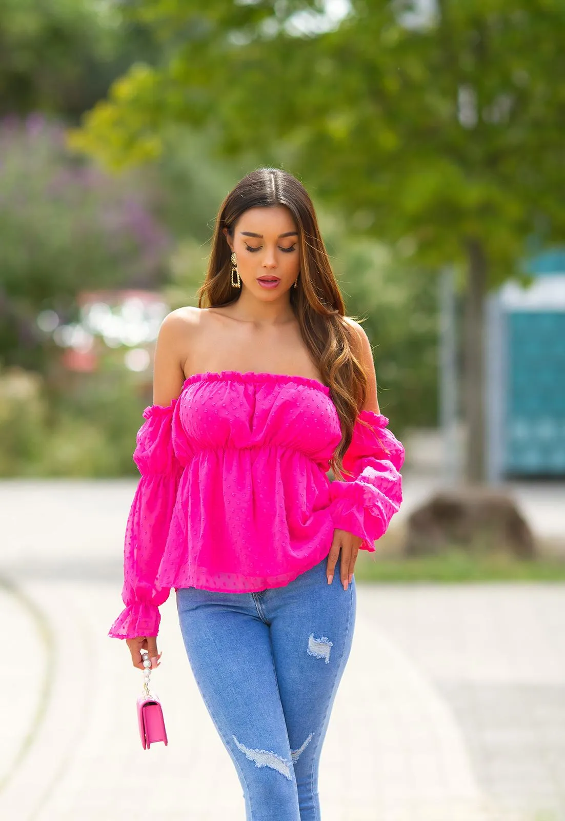 Top babydoll de hombro descubierto rosa