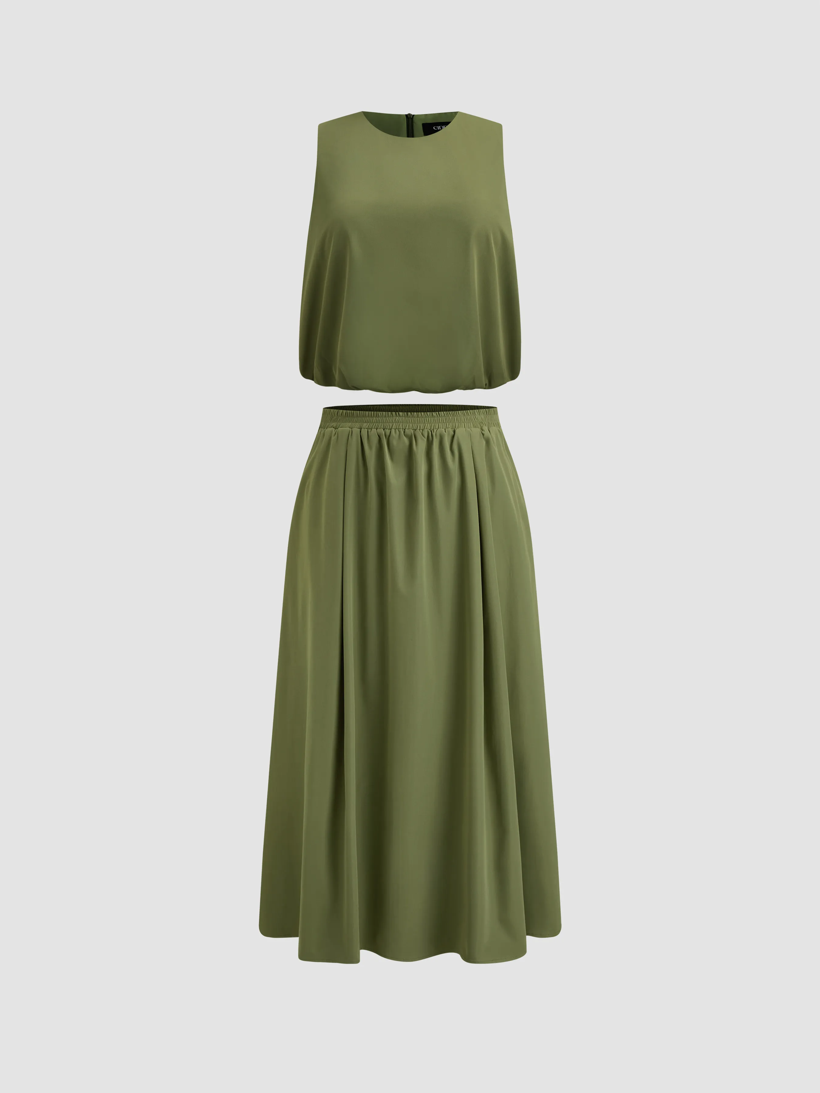 Top de Tirantes Tejido con Cuello Redondo Sólido & Falda Maxi con Volantes de Talle Medio Curvy