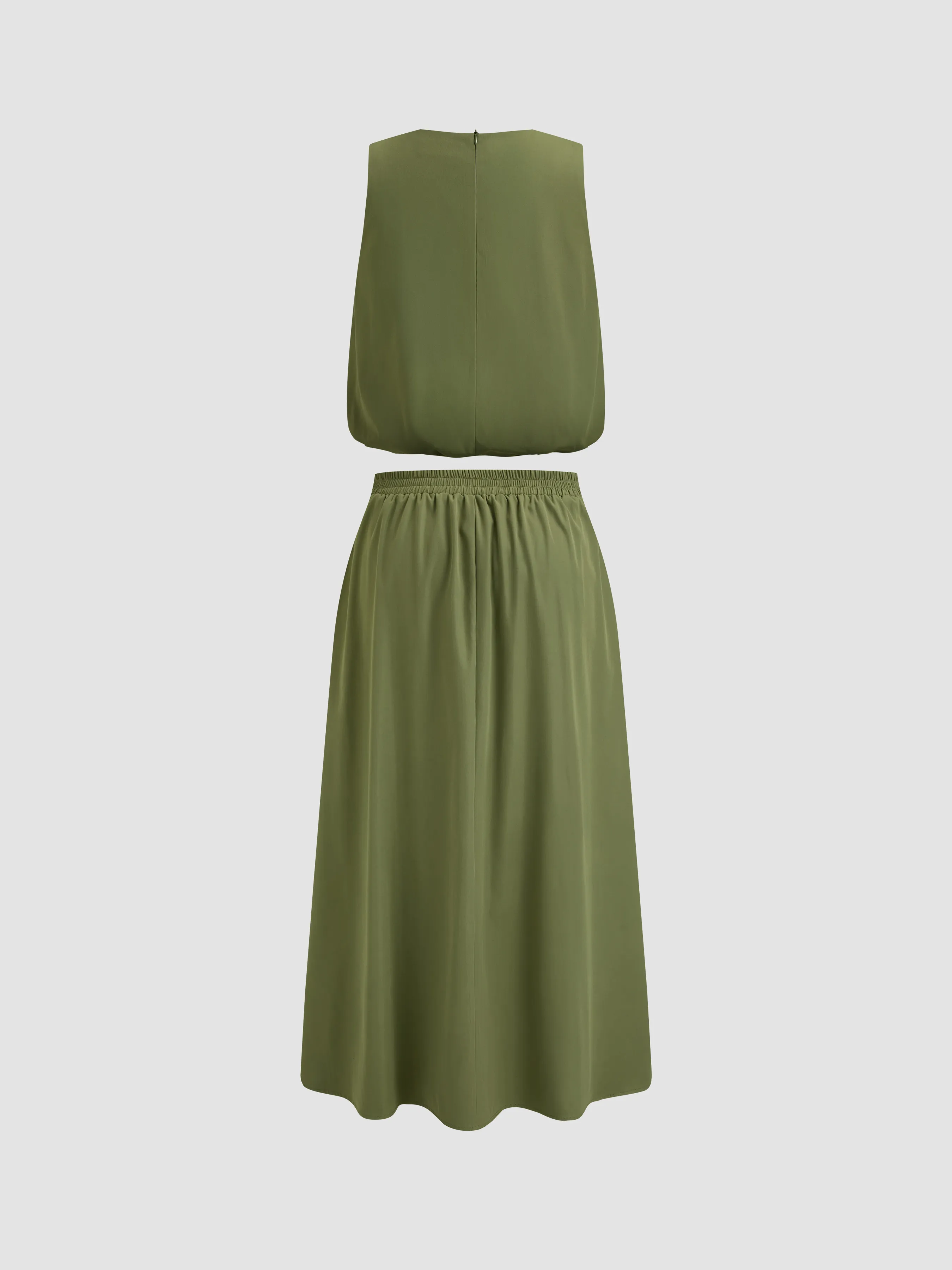 Top de Tirantes Tejido con Cuello Redondo Sólido & Falda Maxi con Volantes de Talle Medio Curvy