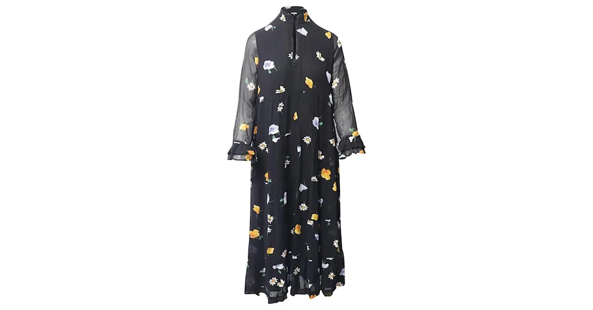 VESTIDO A MEDIDA CON ESCALERA GANNI THE KATE EN VISCOSA CON ESTAMPADO NEGRO 