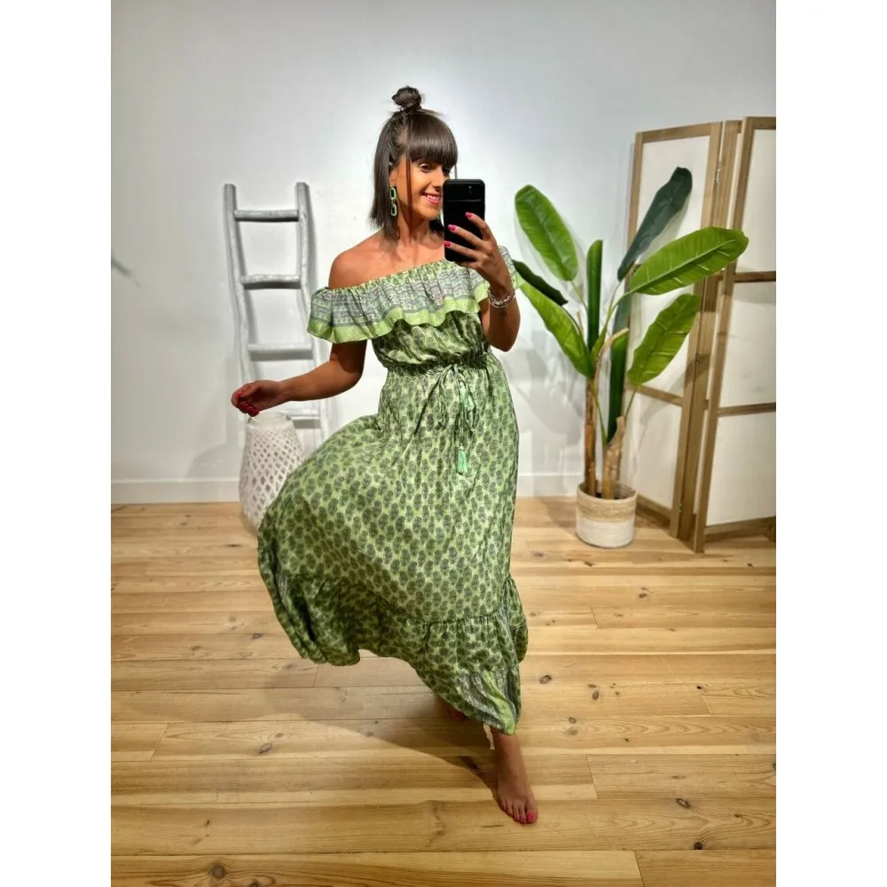 Vestido Bardot Estampado RHOUTTE Verde