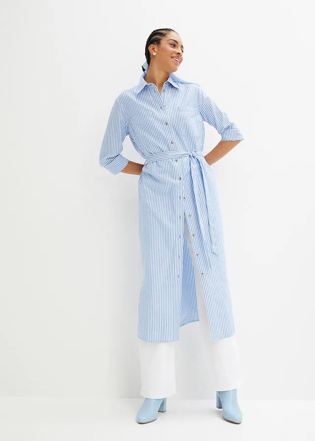 VESTIDO CAMISERO DE RAYAS CON CORDóN AZUL PROVENZALBLANCO DE RAYAS