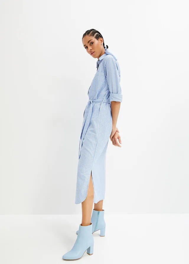 VESTIDO CAMISERO DE RAYAS CON CORDóN AZUL PROVENZALBLANCO DE RAYAS