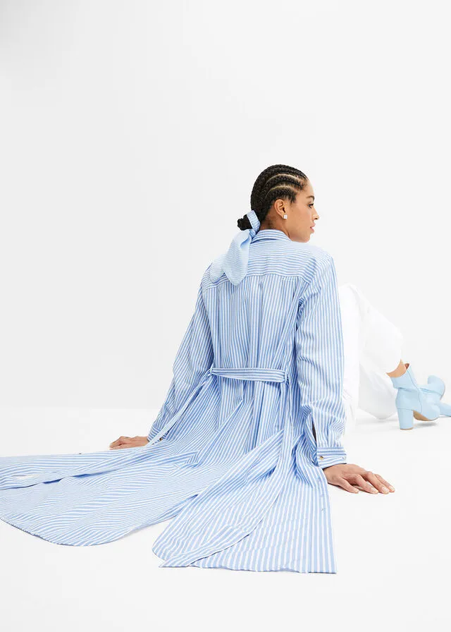 VESTIDO CAMISERO DE RAYAS CON CORDóN AZUL PROVENZALBLANCO DE RAYAS