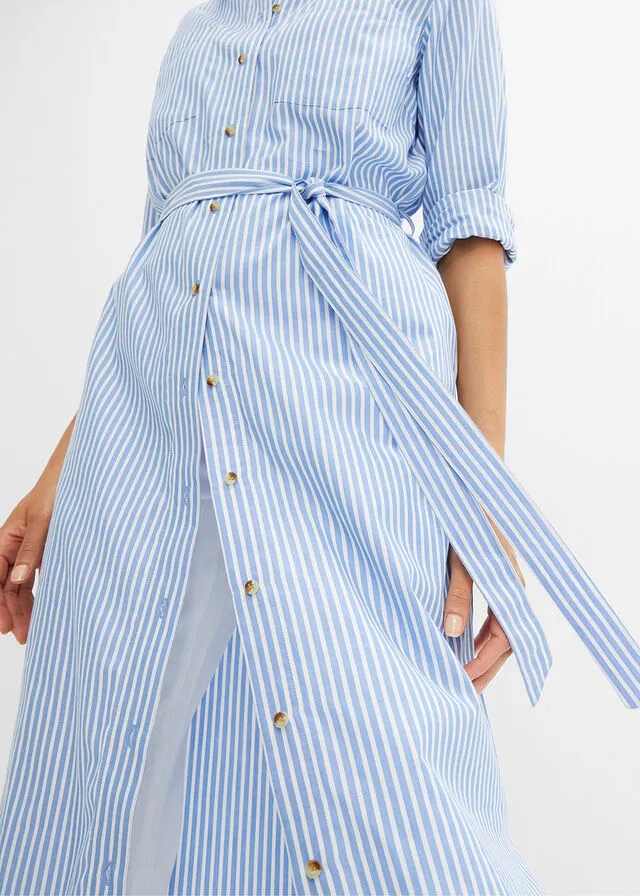VESTIDO CAMISERO DE RAYAS CON CORDóN AZUL PROVENZALBLANCO DE RAYAS