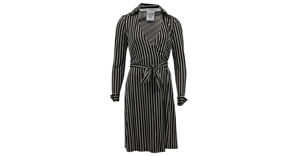 Vestido cruzado de seda negra a rayas con patrón de cuerda Interwind de Diane Von Furstenberg Negro 