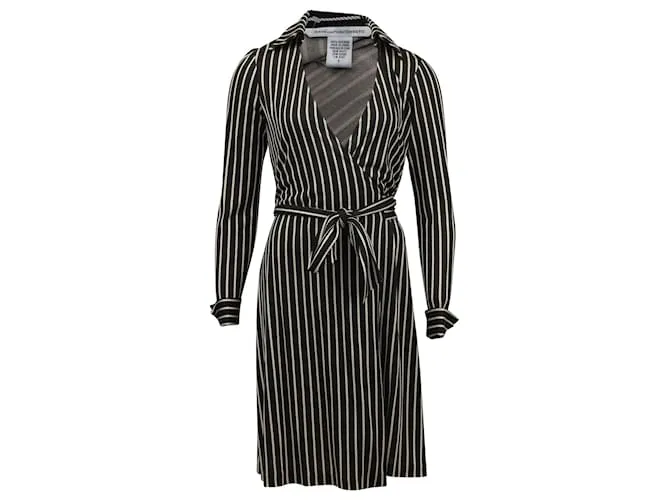 Vestido cruzado de seda negra a rayas con patrón de cuerda Interwind de Diane Von Furstenberg Negro 