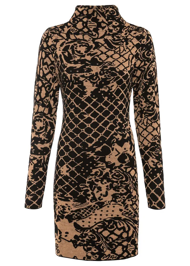 VESTIDO DE PUNTO CON CUELLO ALTO MARRóNNEGRO ESTAMPADO