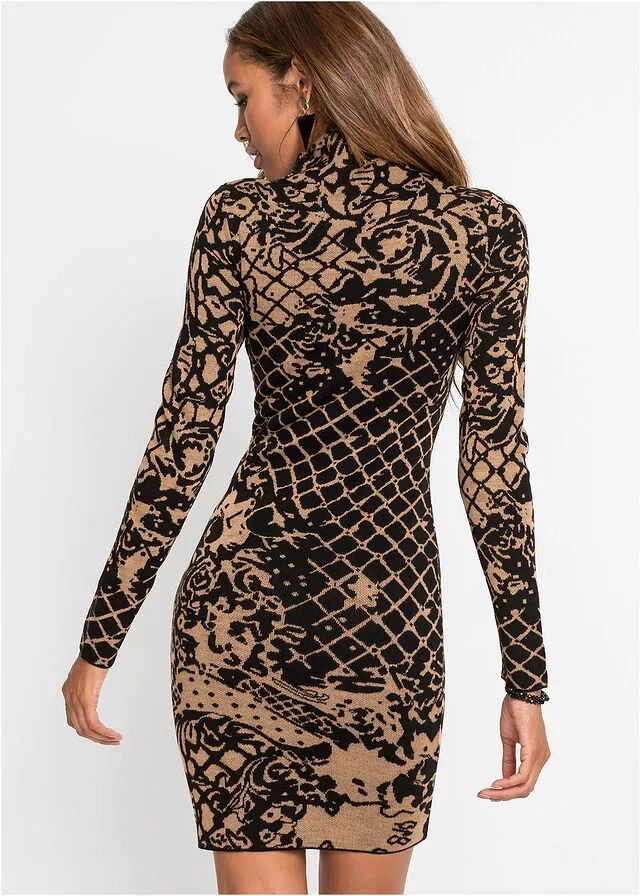 VESTIDO DE PUNTO CON CUELLO ALTO MARRóNNEGRO ESTAMPADO