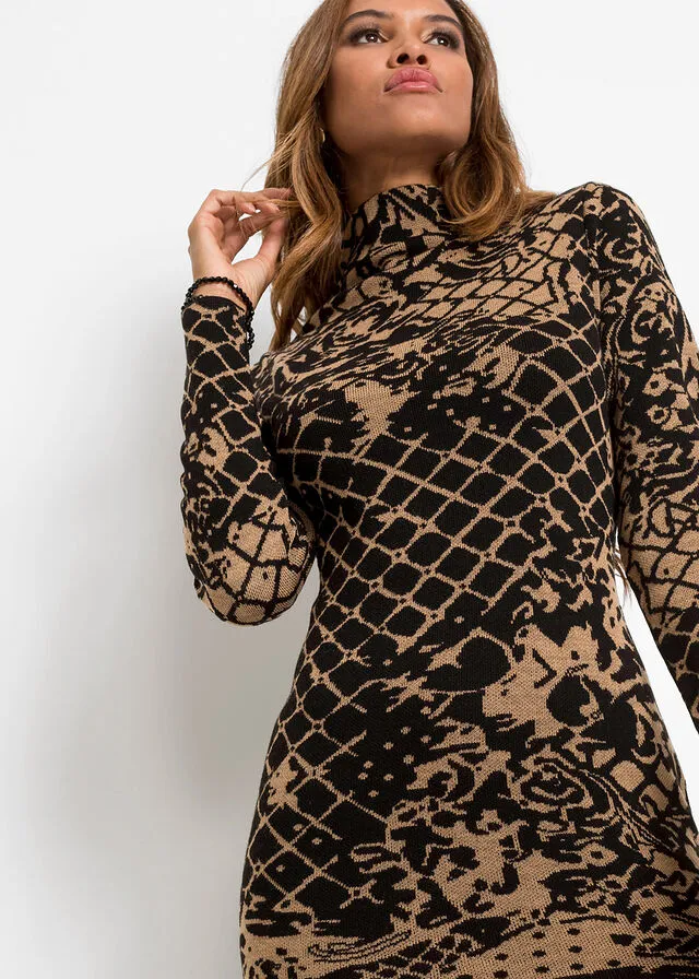 VESTIDO DE PUNTO CON CUELLO ALTO MARRóNNEGRO ESTAMPADO