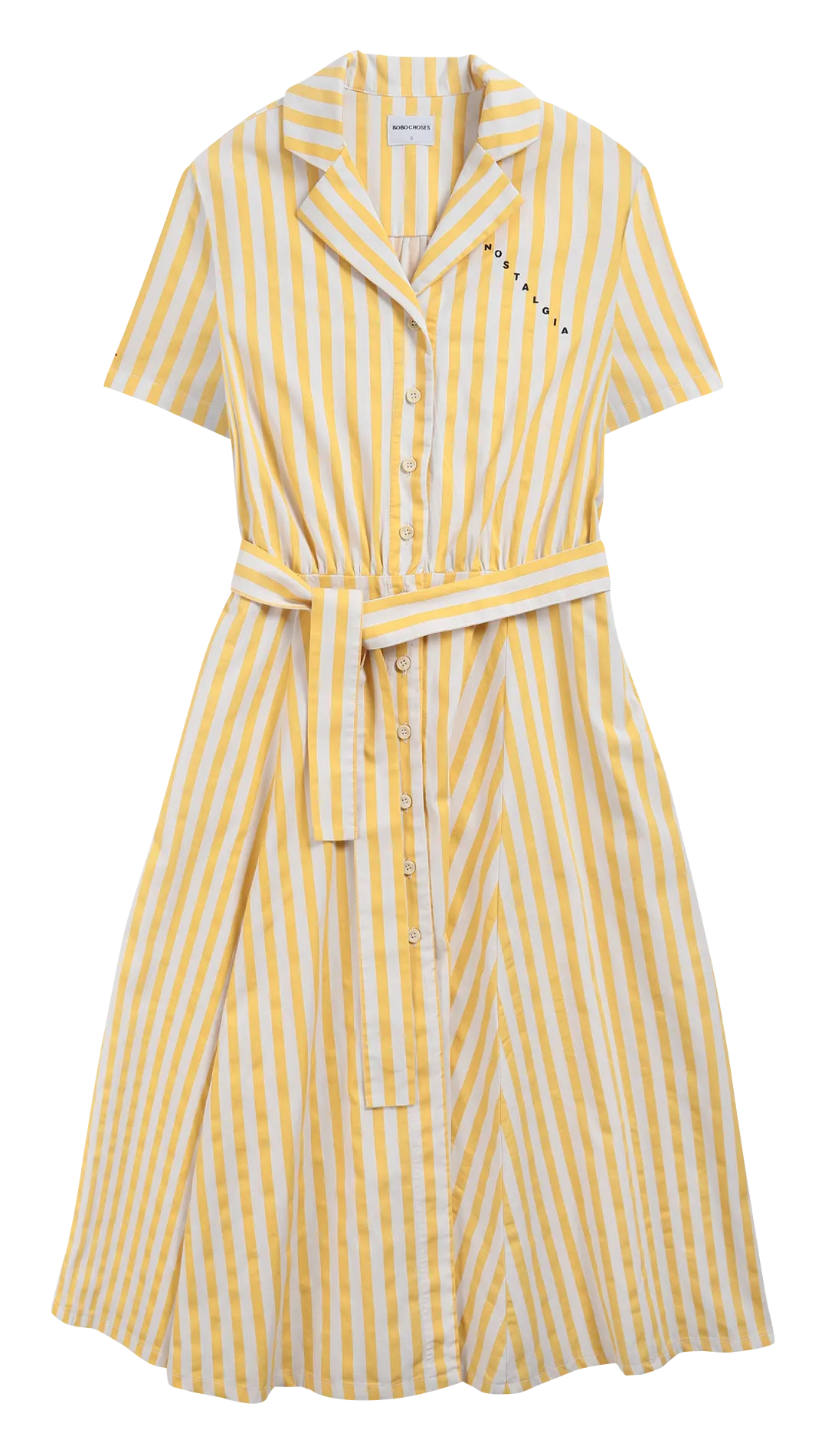Vestido midi de algodón orgánico a rayas con cuello sastre en blanco
