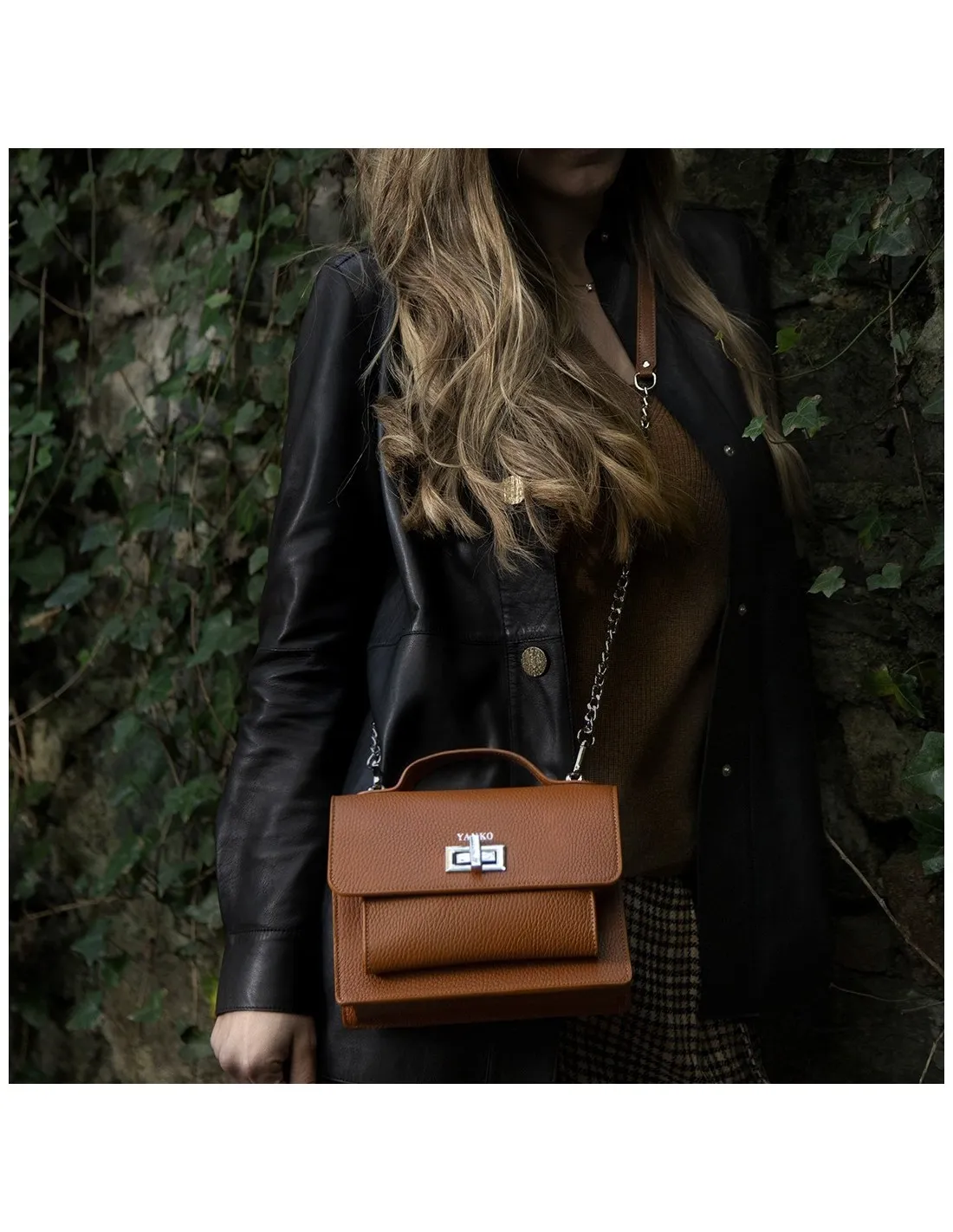 YANKO  bolso bandolera con asa de mano para mujer en piel Grano