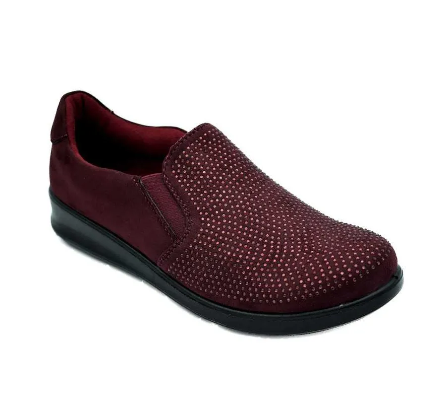 ZAPATO ELÁSTICOS MUJER MUY CÓMODO Y LIGERO BURDEOS CON BRILLANTITOS